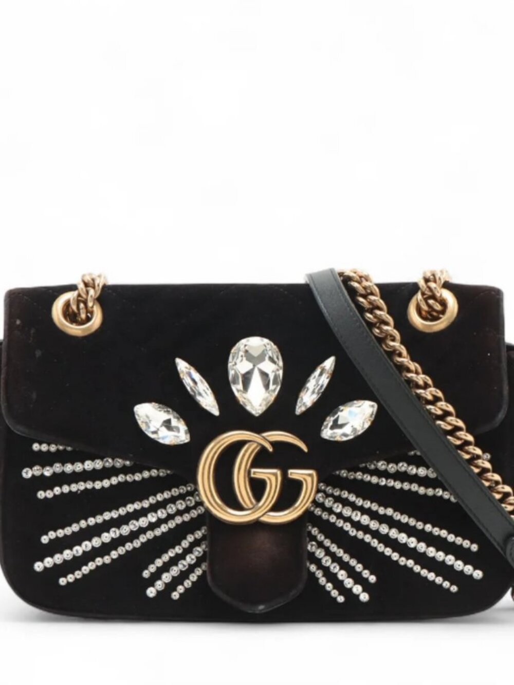 Gucci GG Marmont Crystals Velour x Bijou Chain Shoulder Bag Black